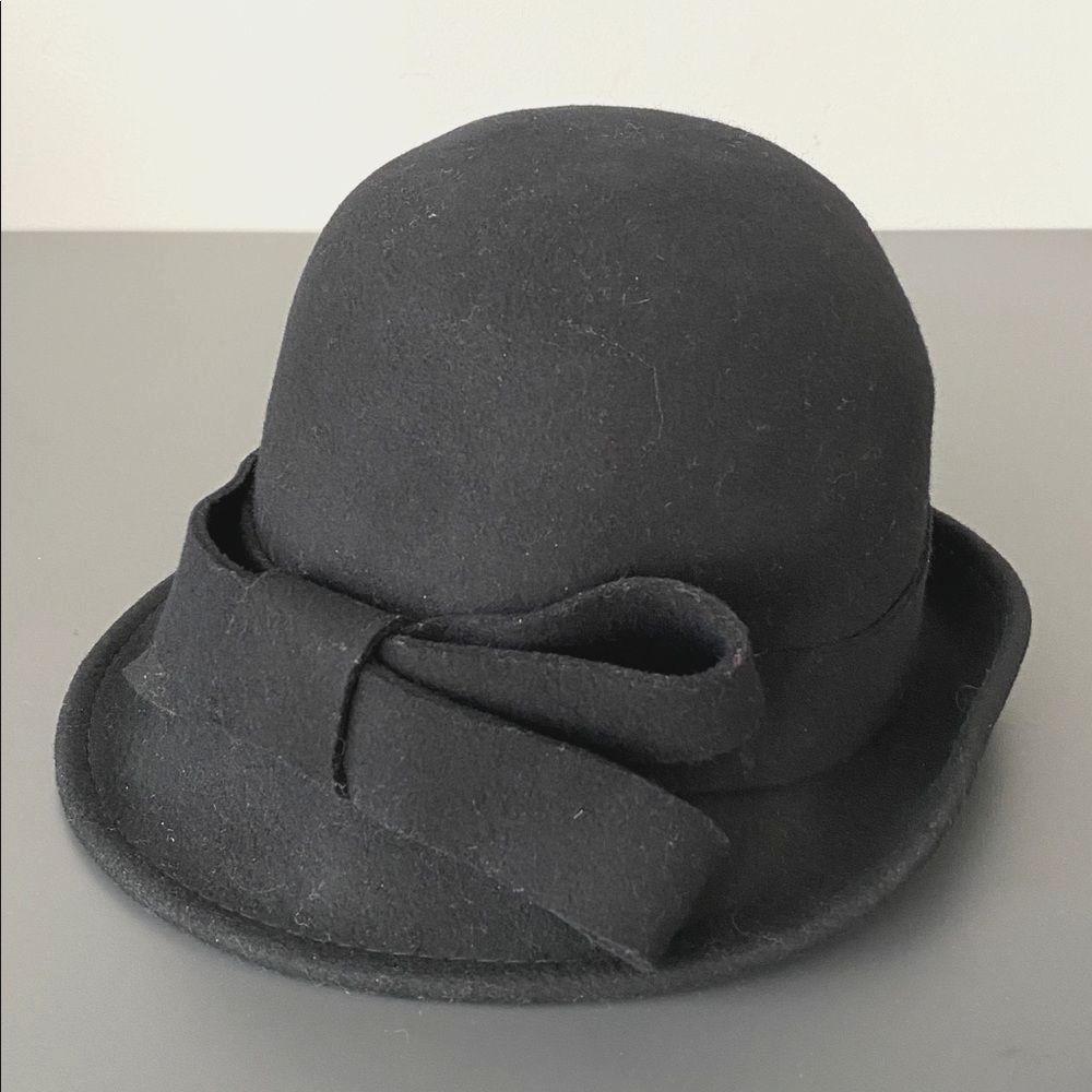 Kate Landry Black Wool Hat Retro Structured Classic Bow Accent OS Chic Retro